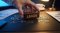 Business professional hand selecting wooden leads block on digital marketing strategy interface with gears and analytics charts on modern office desk.