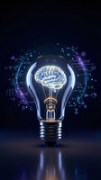 Light bulb with glowing brain inside surrounded by mathematical formulas and scientific symbols representing innovation, creativity and intelligent solutions.