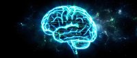 Glowing neon brain with electric blue outline on dark starry background, representing artificial intelligence, neural networks, and digital consciousness for tech and science applications.