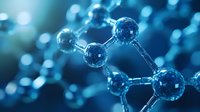 Molecular structure in blue tones showing connected atoms and bonds on blurred background, representing scientific research and chemical compounds.