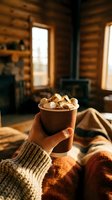 Cozy winter morning with hands holding hot chocolate mug topped with marshmallows in rustic log cabin interior with warm sunlight streaming through windows.