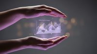 Hands protecting holographic business chart with growth arrow, data visualization concept for financial planning and investment strategy protection.