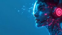 Futuristic profile of artificial intelligence with glowing blue and red elements, digital network patterns, and illuminated headphones against dark background.