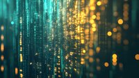 Digital matrix with glowing binary code streams in turquoise and gold colors creating depth effect. Abstract technology background with bokeh lights and data flow.