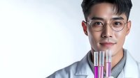 Young Asian male scientist in lab coat holding test tubes with pink liquid chemicals against white background, professional medical research portrait.