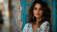 Young woman with brown wavy hair wearing white lace dress and silver earrings poses against ornate turquoise wall with traditional Middle Eastern pattern background.