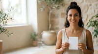 Woman with dark hair and olive complexion holding blank white card in bright, plant-filled interior space. Suitable for business, wellness, greeting card, and lifestyle marketing materials.