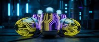 Futuristic glowing circuit board spheres with neon yellow and purple lines on dark technology background for digital innovation concepts.