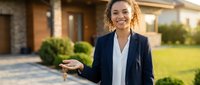 Professional mixed-race female real estate agent holding house keys with warm smile standing outside modern residential property for homeownership success.