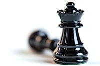 Black queen chess piece standing upright with fallen pawn in background on white surface, shallow depth of field creates dramatic composition for business concepts.