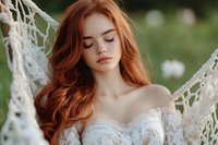 Young redhead woman in white lace dress relaxing in hammock outdoors. Peaceful summer portrait with natural lighting for lifestyle and wellness concepts.