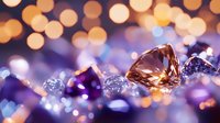 Sparkling diamonds and gemstones on purple background with golden bokeh lights creating luxury jewelry atmosphere. Precious stones macro photography.