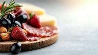 Gourmet charcuterie board with salami, cheese, fresh strawberries, olives, nuts and herbs on wooden platter for entertaining and appetizers.