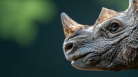 Close-up profile view of rhinoceros head showing detailed textured skin, horn, and eye against blurred green natural background, dramatic wildlife photography.