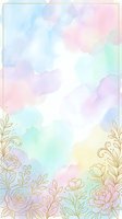 Pastel rainbow watercolor background with gold floral border, roses and botanical elements, soft dreamy texture for cards, invitations, and social media.