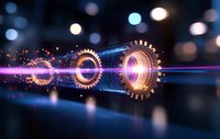 Glowing mechanical gears with light trails and bokeh effects on dark background create futuristic technological concept for business innovation and automation.