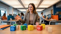 Happy businesswoman arranging colorful wooden blocks with icons in modern office workspace. Professional development and team building concept.