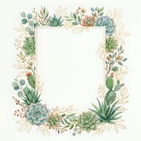 Succulent and botanical frame with cacti, aloe, and flowering plants arranged on white background, isolated and ready for invitations, greeting cards, posters, and design projects.