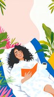 Young Latin woman with curly hair relaxing on bean bag, reading book and drinking coffee among tropical plants on pink and white background.
