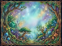 Enchanted forest landscape with glowing magical lights, mystical trees, and celestial sky with stars and nebula effects, surrounded by ornate Celtic knotwork border frame.