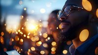 African American man with beard and sunglasses in profile against blurred city lights and bokeh background creating atmospheric evening mood. Soft focus portrait captures urban lifestyle.