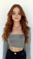 Young woman with long wavy auburn hair wearing gray crop top and jeans, smiling naturally against white background. Fresh casual fashion portrait.