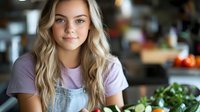 Young blonde Caucasian woman in casual overalls and t-shirt smiling in modern kitchen with fresh vegetables, healthy cooking and lifestyle concept.