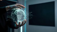 Businessman hands protecting holographic Earth globe with network connections in modern office environment for global business technology concepts.