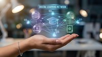Hand holding glowing digital learning network icons with interconnected nodes, representing online education, e-learning platform, and virtual classroom technology for educational training.