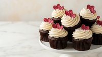 Chocolate cupcakes with vanilla frosting and red heart decorations on white plate, romantic dessert for Valentine's Day celebration and special occasions.