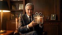 Senior businessman in formal suit holding wrapped gift box in elegant wood-paneled office with bookshelf, corporate executive presenting present for business celebration or holiday corporate gifting.