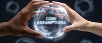 Man and woman holding glowing globe with core assumptions text, representing business strategy, fundamental principles, and strategic planning concepts for corporate presentations.