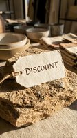 Rustic discount tag on a stone surface with handmade pottery in warm natural tones, evoking artisan market sale and eco-friendly shopping concepts.
