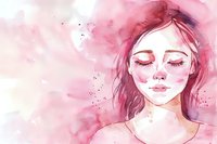Serene young woman with closed eyes in soft pink watercolor style, gentle facial expression against dreamy abstract background with delicate splashes and flowing textures.