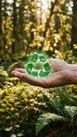 Hand holding green recycling symbol in forest with sunlight filtering through trees representing environmental conservation and sustainable living practices.