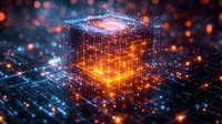 Glowing digital cube with orange and blue light effects on dark background with bokeh particles, representing quantum computing and data processing.