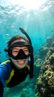 Happy young Caucasian woman scuba diver taking underwater selfie in crystal clear tropical waters with coral reef and marine life in background.