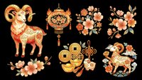 Aries zodiac ram with ornamental horns and floral patterns, isolated on transparent background. Perfect for t-shirt designs, clipart, stickers, sublimation, and print-on-demand products featuring Asian-inspired astrology graphics.