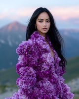 Young Asian woman in luxurious purple peony dress poses against mountain landscape at sunset, wind blowing through long dark hair, creating ethereal fashion portrait.
