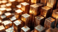 Wooden blocks arranged in ascending heights create abstract urban landscape with warm golden lighting and dramatic shadows for architectural concepts.