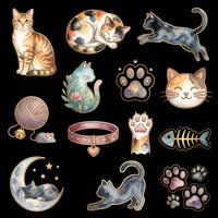 Isolated cat and pet supplies clipart collection featuring tabby and black cats, paw prints, yarn ball, collar, fish toy, and decorative moon element on transparent background. Ready for t-shirt design, stickers, print-on-demand products, and sublimation crafts.