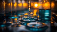 Water droplet falling into glass creating ripple effect with golden bokeh lights and teal reflections in dark atmospheric setting, macro photography for luxury beverage advertising.