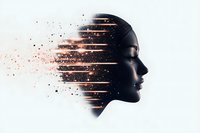 Female profile silhouette with glowing particle dispersion effect on light background, representing transformation, consciousness and spiritual awakening.