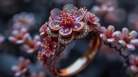 Luxury rose gold ring with pink mother of pearl flower design and diamond accents, surrounded by delicate cherry blossom branches in soft focus background.