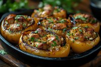 Grilled large mushroom caps filled with savory stuffing and herbs in cast iron pan, garnished with fresh parsley and seasonings, golden brown surface.