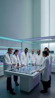 Diverse team of medical professionals and scientists collaborating around futuristic holographic display in modern laboratory environment.