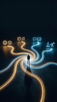 Business professional silhouette standing on glowing light trails with technology icons representing career paths and digital transformation journey.