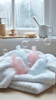 Pastel colored cosmetic bottles on white towels with soap bubbles in bright bathroom window setting for skincare and beauty routine concepts.