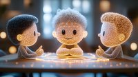 Glowing cartoon characters with luminous hair sitting around magical light source on wooden surface against blurred bokeh background. Whimsical fantasy scene.
