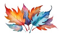 Vibrant watercolor autumn leaves in orange, blue and purple gradient colors arranged in decorative composition on white background, isolated botanical art.